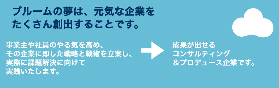 事業主や社員のやる気を高め、その企業に即した戦略と戦術を立案し、実際に課題解決に向けて実践いたします。　→　成果が出せるコンサルティング＆プロデュース企業です。