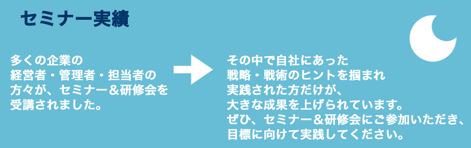 多くの企業の経営者・管理者・担当者の方々が、セミナー&研修会を受講されました。 → その中で自社にあった戦略・戦術のヒントを掴まれ実践された方だけが、大きな成果を上げられています。ぜひ、セミナー&研修会にご参加いただき、目標に向けて実践してください。